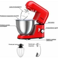 Robot Da Cucina 4 L 1300 W, 6 Velocita E Testina Inclinabile, Planetaria Elettrica Con Ciotola In Acciaio Inox, Gancio Miscelazione, Frusta E Frullino, Paraspruzzi (Rosso) -Piccoli Elettrodomestici 24107116 4