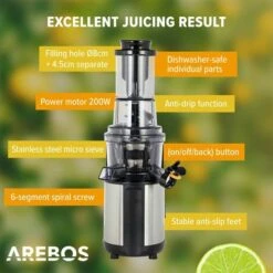 AREBOS Spremiagrumi Frutta Verdura & Agrumi Elettrico Centrifuga Estrattore 200W -Piccoli Elettrodomestici 36910269 3