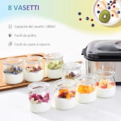 HOMCOM Yogurtiera Elettrica 30W Con 8 Vasetti Inclusi E Temperatura Regolabile 20-55°C - Argento -Piccoli Elettrodomestici 41949847 4