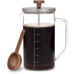 Klarstein Glaswerk Ristretto, French Press, 0,35 L, Vetro Borosilicato, Acciaio Inox, Legno Di Noce