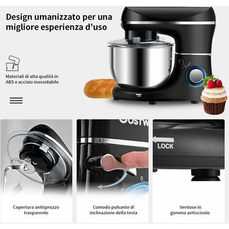 RELAX4LIFE Robot Da Cucina Con 10 Velocità, 1300 W, Impastatrice E Planetaria Multifunzionale, Basso Rumore, Testa Inclinata Regolabile, Per Pane, Dolci E Pizza (nero) 6 RELAX4LIFE Robot Da Cucina Con 10 Velocità, 1300 W, Impastatrice E Planetaria Multifunzionale, Basso Rumore, Testa Inclinata Regolabile, Per Pane, Dolci E Pizza (nero) - immagine 4