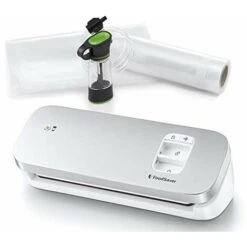 FoodSaver VS1191X Macchina Per Sottovuoto Alimenti Compatta, 5 Sacchetti Pretagliati Da 946 Ml, 1 Rotolo Da 3 M, Tubo Aspirazione Aria Da Contenitori E Accessori, Argento/Bianco