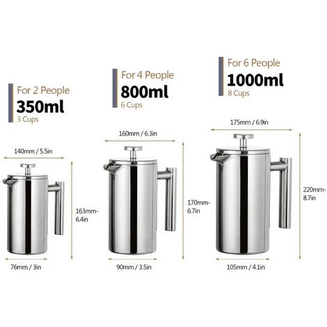 Caffettiera French Press Da 350 Ml/800 Ml/1000 Ml Caffettiera Isolata A Doppia Parete In Acciaio Inossidabile (350 Ml) 4 Caffettiera French Press Da 350 Ml/800 Ml/1000 Ml Caffettiera Isolata A Doppia Parete In Acciaio Inossidabile (350 Ml) - immagine 2