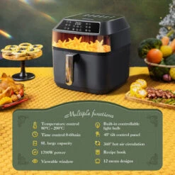 Aigostar Zane - Friggitrice Ad Aria Da 8 Litri E 1700W Con Ampia Finestra Di Visualizzazione. 12 Impostazioni Di Menu Preimpostate, Comandi Luminosi , Touch Screen LED, Con Ricettario, BPA FREE -Piccoli Elettrodomestici 86973733 3