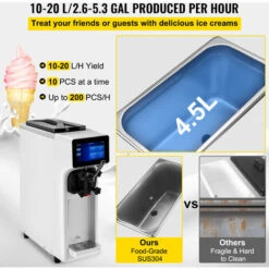 VEVOR Macchina Gelato Soft Monogusto 1000W Bianco Produzione 10-20L All'Ora In Acciaio Inox 304, Macchina Compatta Per La Produzione Di Gelato Soft Frozen Yogurt Sorbetto Gusto Singolo Vasca Da 4,5L -Piccoli Elettrodomestici 98635404 4